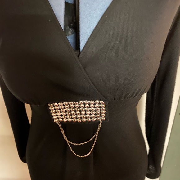 Dots Jet black cocktail dress - shorter with large silver beads & chain  Sz: L - Picture 4 of 8